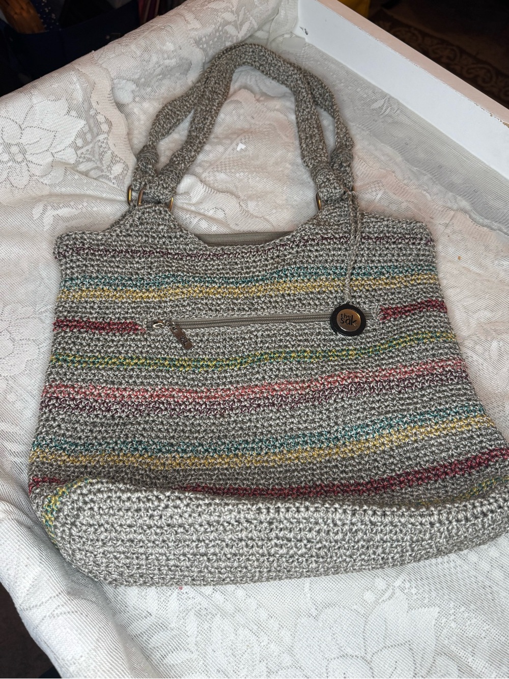 The Sak Shoulder Bag Tote Taupe Multi-Color Stripe Woven Crocheted Belle Purse